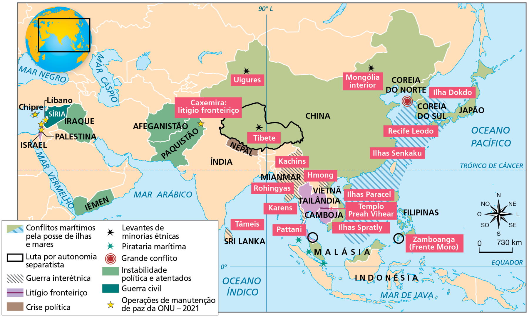 Mapa. Ásia: conflitos concluídos ou em curso, 2010 a 2021. Mapa representando a localização de  conflitos no continente asiático entre 2010 e 2021.
Conflitos marítimos pela posse de ilhas e mares: porção do Oceano Pacífico que margeia China, Coreia do Sul, Coreia do Norte, Tailândia, Vietnã, norte da Malásia, Camboja e norte das Filipinas na disputa por Ilha Dokdo, Recife Leodo, Ilhas Senkaku, Ilhas Paracel e Ilhas Spratly.
Luta por autonomia separatista: região do Tibete, no sudoeste da China, Zamboanga (Frente Moro), no sul das Filipinas e Pattani, no sul da Tailândia.
Guerra interétnica: em Mianmar, envolvendo os Rohingyas, no Sri Lanka, envolvendo os Tâmeis, e no Vietnã, envolvendo os Hmong. 
Litígio fronteiriço: fronteira entre Israel e Palestina e fronteira entre a Tailândia e o Camboja, onde está situado o Templo Preah Vihear. 
Crise política: no Nepal. 
Levantes de minorias étnicas: no Tibete, sudoeste da China, na Mongólia interior, no nordeste da China, e dos Uigures, no noroeste da China. 
Pirataria marítima: na faixa de mar  situada entre a Malásia e a Indonésia.
Grande conflito: na Coreia do Norte.
Instabilidade política e atentados: no Afeganistão, no Paquistão, no Iêmen e no Iraque
Guerra Civil: na Síria.
Operações de manutenção de paz da ONU, 2021: Paquistão, Israel, Palestina, Chipre e Líbano.
Na parte inferior direita, rosa dos ventos e escala de 0 a 730 quilômetros.