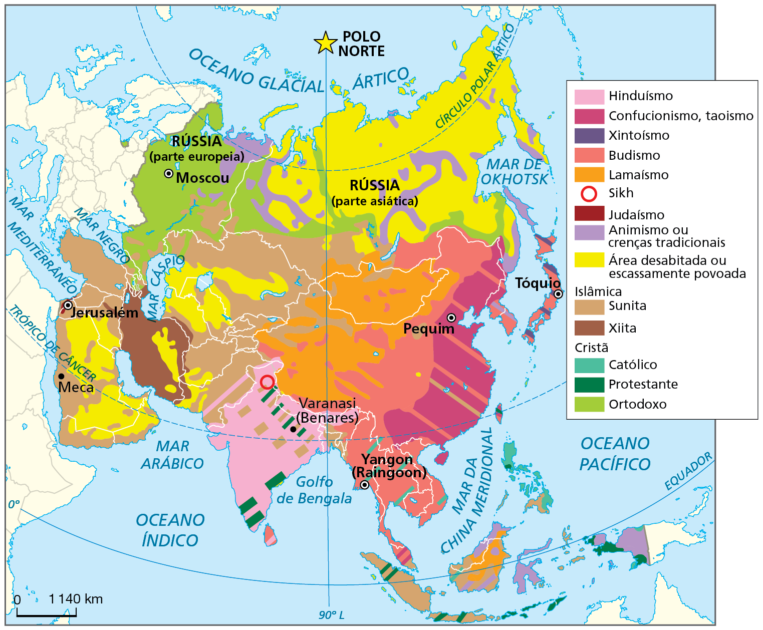 Mapa. Ásia: religiões. Mapa representando a distribuição das religiões no continente asiático.
Hinduísmo: predominante na Índia.
Confucionismo, taoísmo: predominante no leste da China.
Xintoísmo: predominante em algumas regiões do Japão.
Budismo: predominante na porção nordeste e centro da China, na Península da Indochina, onde estão Mianmar, Tailândia, Laos, Camboja e Vietnã, e no Japão.
Lamaísmo: predominante na porção oeste da China e em toda a Mongólia.
Sikh: em pequena porção no norte da Índia. 
Judaísmo: região do entorno de Jerusalém, no oeste asiático. 
Animismo ou crenças tradicionais: predominante em algumas ilhas do Sudeste Asiático e porções do interior e norte da Rússia.
Área desabitada ou escassamente povoada: porção norte e nordeste da Rússia, oeste e centro da Península Arábica, países a leste do Mar Cáspio, interior do Irã e sul do Paquistão e do Afeganistão.
Islâmica
Sunita: predominante na Turquia, Síria, oeste da Península Arábica e países da Ásia Central.
Xiita: predominante no Irã. 
Cristã
Católico: Filipinas e em alguns pontos da Península da Indochina. 
Protestante: algumas áreas no sul e no norte da Índia e na Indonésia.
Ortodoxo: predominante na parte europeia da Rússia.
Na parte inferior, escala de 0 a 1.140 quilômetros.