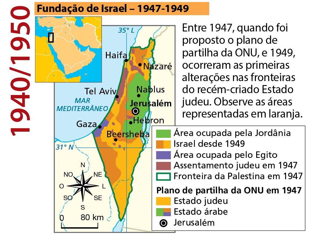 Período 1940/1950. Mapa Fundação de Israel, 1947 - 1949. O mapa representa o território de Israel com alterações feitas após o plano de partilha da ONU em 1947. Nesse território, a faixa de Gaza corresponde à área ocupada pelo Egito. A porção oeste do território era ocupada pela Jordânia e nela estão indicadas as cidades de Nablus, Hebron e Jerusalém. Na porção oeste do território, que inclui a cidade de Tel Aviv, há uma área com assentamento judeu. O Estado judeu, representado na cor laranja, ocupa estreita faixa no norte do território, seguindo para o sul, onde abrange a maior parte dessa porção. Abaixo, rosa dos ventos e escala de 0 a 80 quilômetros. Acompanha texto explicativo: Entre 1947, quando foi proposto o plano de partilha da ONU, e 1949, ocorreram as primeiras alterações nas fronteiras do recém-criado Estado judeu. Observe as áreas representadas em laranja.