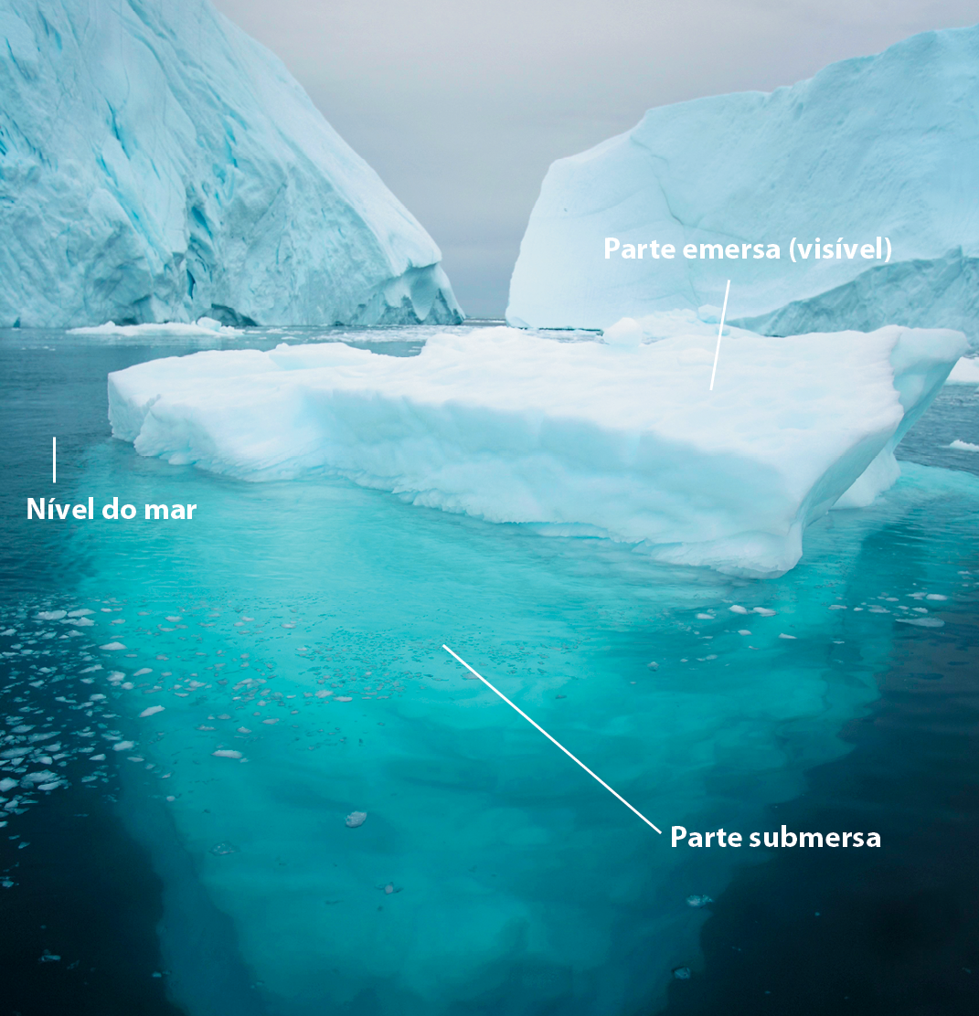 Fotografia. Diversos blocos de gelos flutuando na água do mar. Em um dos blocos a informação: parte superior do bloco de gelo, fora da água, chamada de parte emersa (visível). Ao redor, nível do mar. Na parte inferior, coberta pelo mar, a Parte submersa.