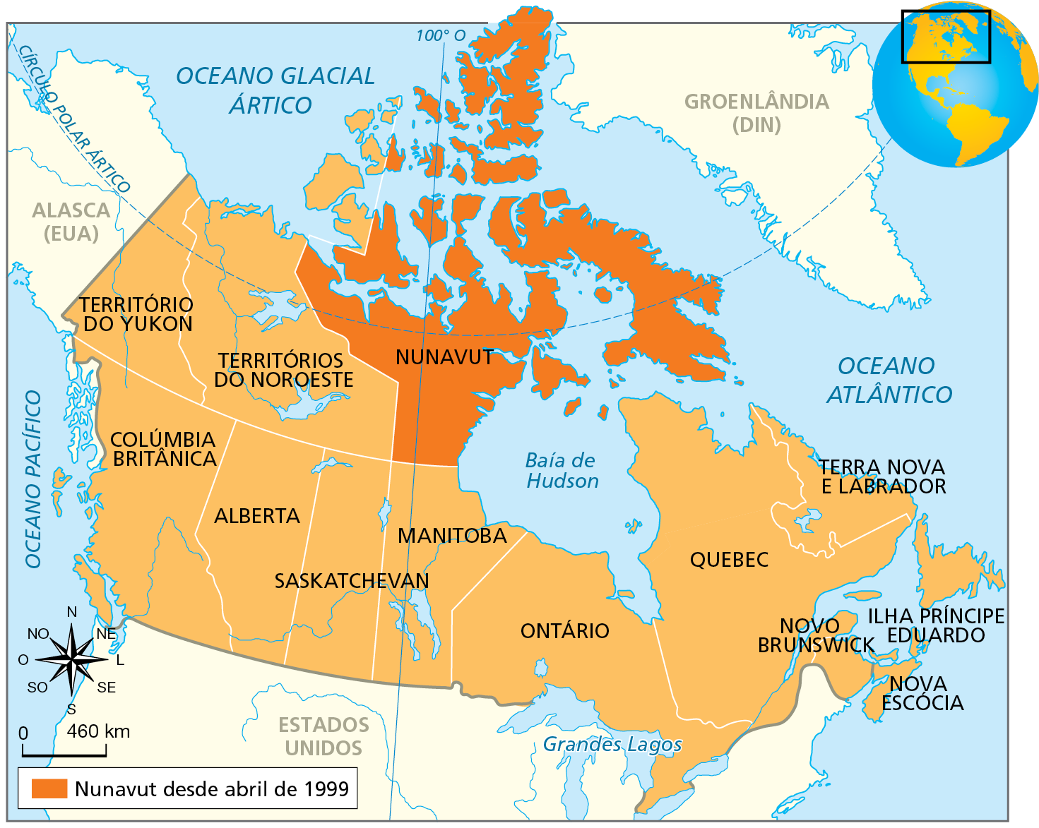Mapa. Canadá e o território Nuvanut - 2019. Mapa do território do Canadá com seus estados representados. Na porção norte do Canadá, na faixa de terras adjacentes aos Círculo Polar Ártico, encontra-se os seguintes territórios, de oeste para leste: Territórios do Yukon, Territórios do Noroeste e Nunavut, em destaque de laranja escuro, com a seguinte informação na legenda: Nunavut desde abril de 1999. A leste de Nunavut, a Baía de Hudson. Na porção sul do Canadá, encontra-se os estados que fazem fronteira com os Estados Unidos, de oeste para leste: Colúmbia Britânica, Alberta, Saskatchevan, Manitoba, Ontário, Quebec, Terra Nova e Labrador, Novo Brunswick, Nova Escócia, Ilha Príncipe Eduardo.
Na parte de baixo, à esquerda, rosa dos ventos e escala de 0 460 quilômetros.