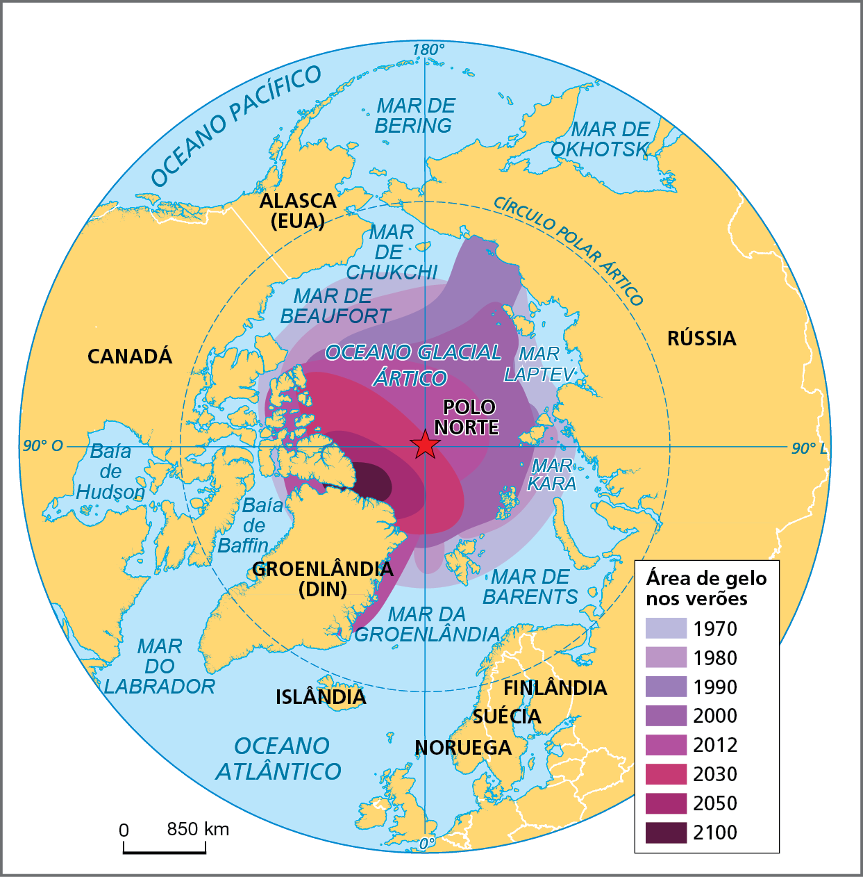Mapa. O degelo no Ártico – 1980 e 2020 (mês de setembro). Mapa do Ártico com a representação das áreas de gelo nos verões desde 1970. A representação foi elaborada a partir de uma modelagem que indica a evolução da área de gelo até o ano de 2100. Para cada intervalo de ano, usa-se uma tonalidade de cor para indicar a extensão da coberta de gelo, desde 1970 (em lilás claro) até 2100 (porção em roxo). Em 1970, a área de gelo era mais extensa, abarcando a maior parte do Oceano Glacial Ártico, compreendendo o Mar Laptev, Mar Kara, Mar de Beufort e o Mar de Chukchi. A partir de 1980 (área em lilás), a cobertura de gelo apresenta um recuo em relação ao período anterior. A esse processo de recuo, com diminuição da área de gelo, continua a ocorrer gradativamente nos intervalos seguintes, até o ano de 2100, quando, segundo o modelo, a área de gelo vai se restringir a uma porção do litoral ao norte da Groenlândia (Dinamarca). Na parte inferior, à esquerda, escala de 0 a 850 quilômetros.