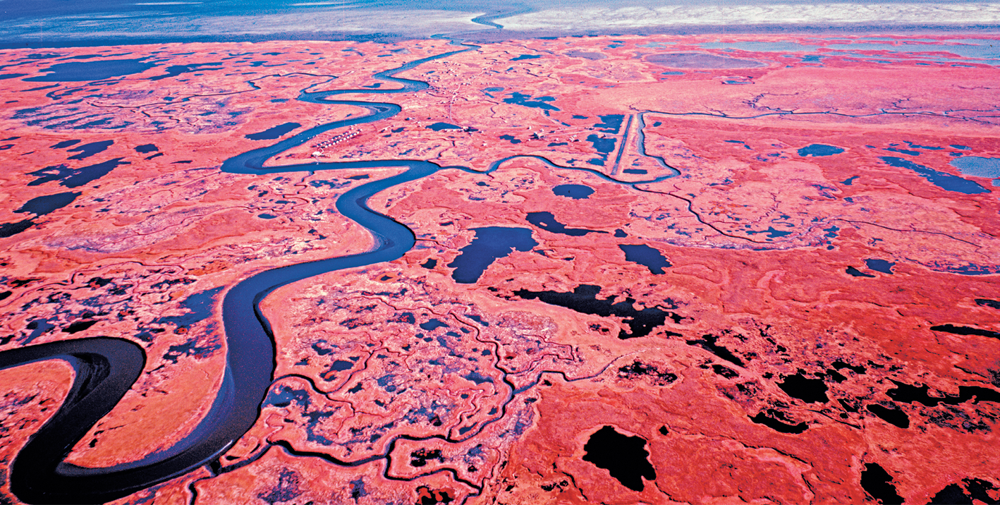 Fotografia. Vista do alto mostrando uma área extensa, com relevo aplainado, formada por diversas lagoas e um rio com meandros. Ao redor, superfície com solo em tom avermelhado.