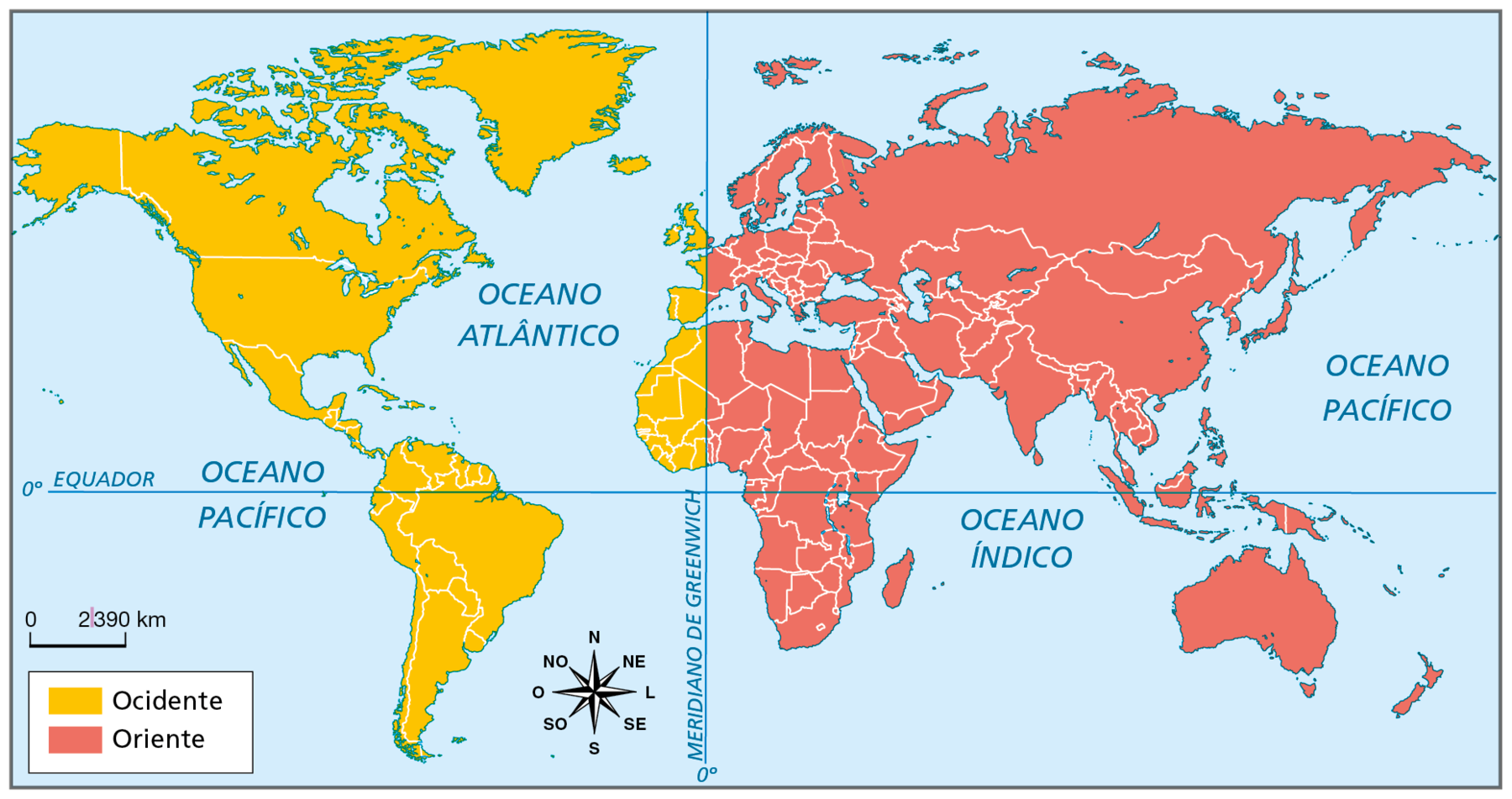 Mapa. Planisfério representando, por meio de cores, as terras da América, da África, da Europa, da Ásia e da Oceania situadas no Ocidente e as terras situadas no Oriente, em relação ao meridiano de Greenwich (zero grau). Ocidente: abrange terras do continente americano, parte oeste da África e a parte do extremo oeste da Europa, delimitada pelo meridiano de Greenwich. Oriente: terras da Ásia e da Oceania, a maior parte da África e da Europa. Na parte inferior do mapa, escala de 0 a 2.390 quilômetros e a rosa dos ventos.