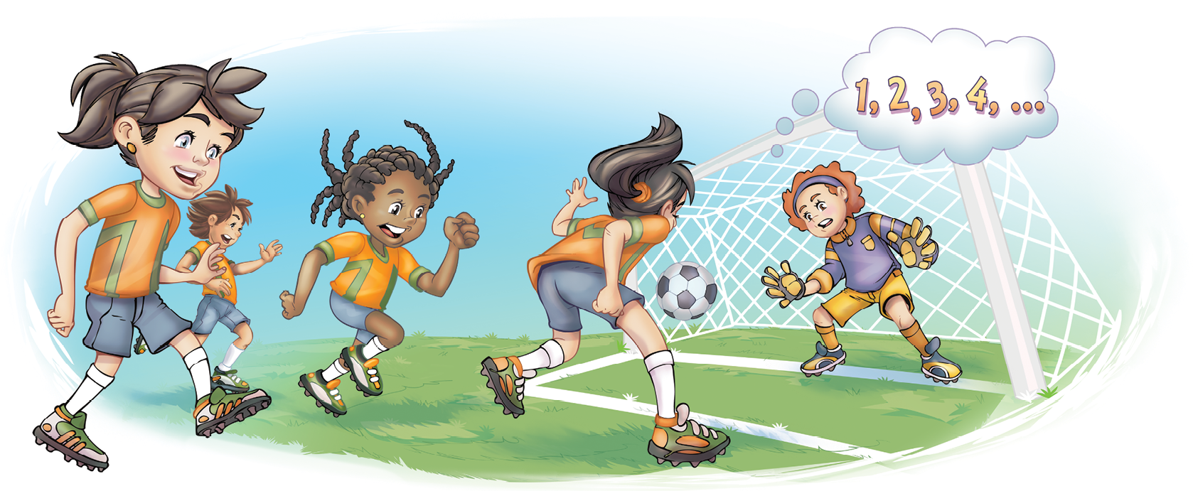 Ilustração. À esquerda, quatro meninas uniformizadas de camiseta laranja e bermuda azul estão em um campo de futebol, jogando bola em direção ao gol. À direita, na área do gol, está uma menina de camisa roxa, bermuda amarela e luvas. Acima dela, há um balão de pensamento escrito: 1, 2, 3, 4, reticências.