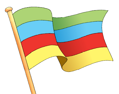 Ilustração. Bandeira composta por faixas horizontais coloridas. De cima para baixo: verde, azul, vermelha e amarela.