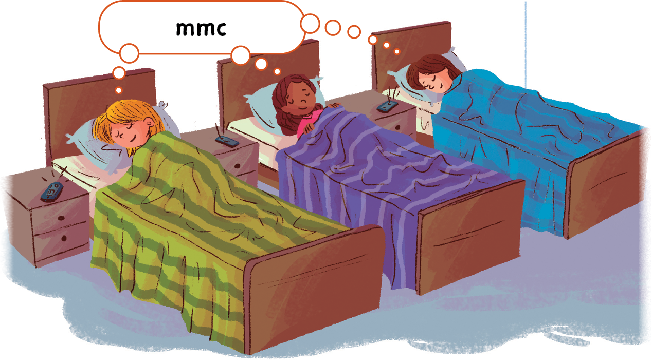 Ilustração. Três meninas deitadas cada uma em sua cama, dormindo. As três  pensam: mmc.