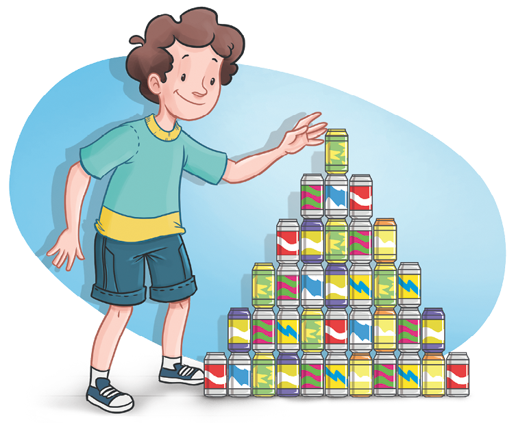 Ilustração. Menino branco de cabelo castanho, camiseta verde com detalhes em amarelo e bermuda azul está empilhando latas de alumínio. De cima para baixo, a quantidade de pilhas de latas de alumínio são: 1, 3, 5, 7, 9 e 11 latas.