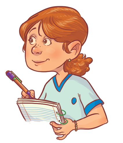 Ilustração. Menina branca de cabelo castanho em pé segurando um caderno e uma caneta.