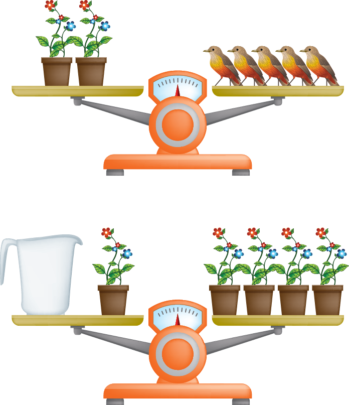 Ilustração. Balança de dois pratos em equilíbrio. No prato à esquerda, dois vasos com flores. No prato à direita, 5 sabiás.

Ilustração. Balança de dois pratos em equilíbrio. No prato à esquerda, uma jarra e um vaso com flor. No prato à direita, quatro vasos com flores.