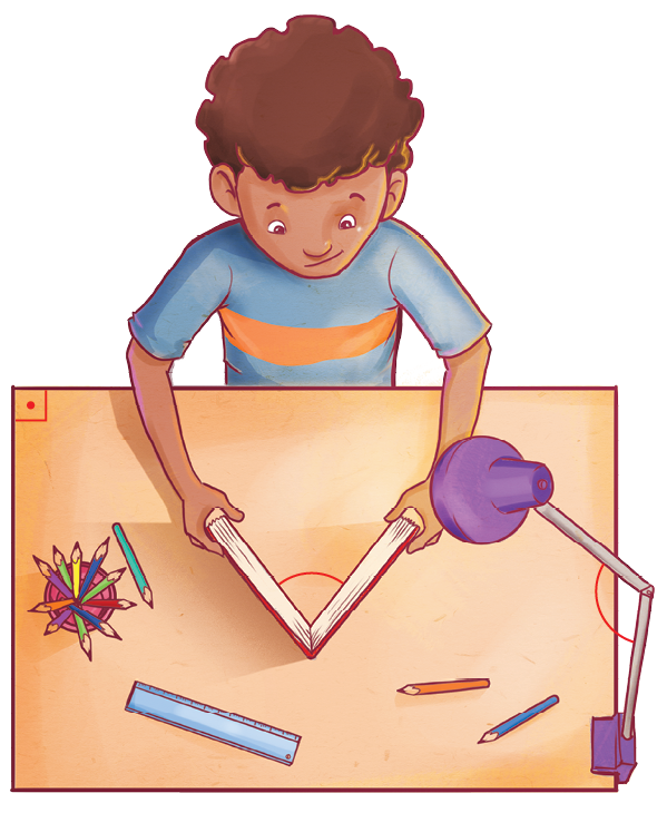 Ilustração. 
Vista de cima de menino de cabelo castanho e camiseta azul. Ele segura duas hastes diagonais. Sobre a mesa, luminária, lápis de cor e régua.