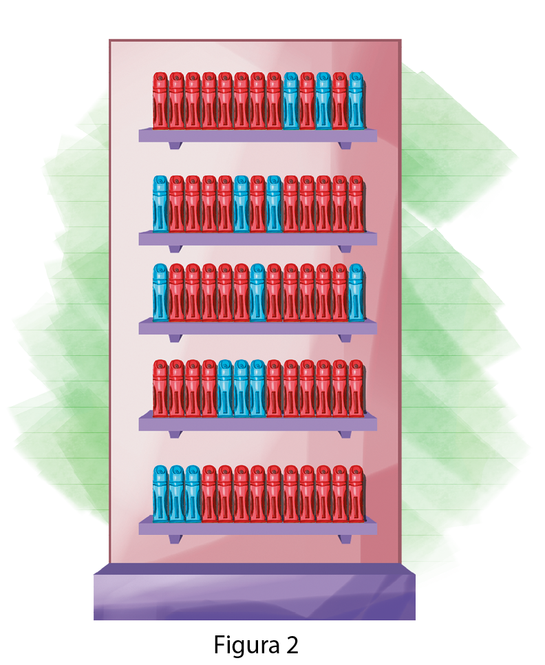 Ilustração. Expositor de produtos com cinco prateleiras e em cada prateleira há 13 desodorantes sendo 3 de embalagem azul e 10 de embalagem vermelha.