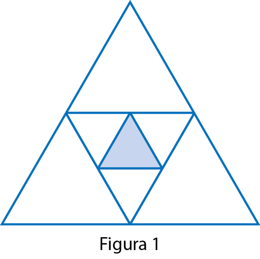 Ilustração. Triângulo grande dividido em sete triângulos. 
Três  triângulos médios e 4 triângulos pequenos. O triângulo pequeno ao centro está pintado de azul.