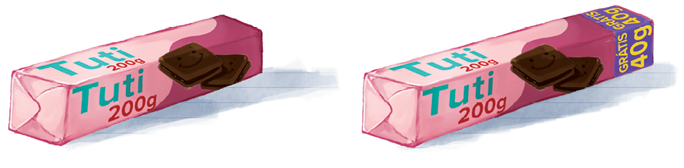Ilustração. Duas embalagens rosa de bolacha recheada. No pacote à esquerda tem o seguinte texto: Tuti 200 gramas. No pacote à direita tem o seguinte texto: Tuti 200 gramas, grátis 40 gramas.