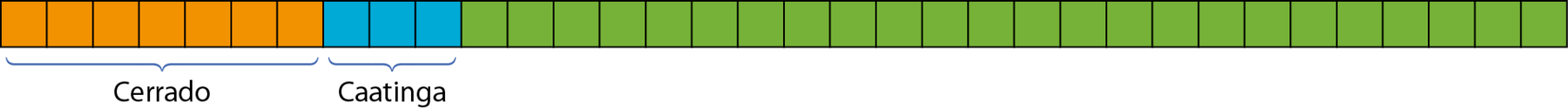 Ilustração. Barra dividida em trinta e quatro partes iguais, sendo sete partes pintadas de laranja (Cerrado), três partes pintadas de azul (Caatinga) e o restante de verde.