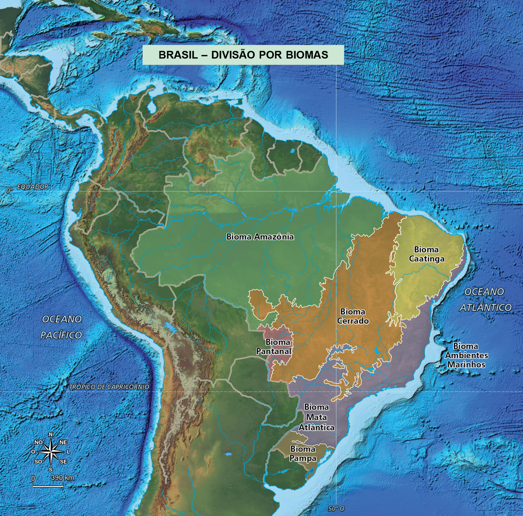 Vista do alto do mapa do Brasil destacando os biomas: Bioma Amazônica, Bioma Pantanal, Bioma Cerrado, Bioma Caatinga, Bioma Mata Atlântica, Bioma Pampa e Bioma ambientes marinhos. No canto inferior esquerdo, rosa dos ventos e escala de 0 a 390 quilômetros.