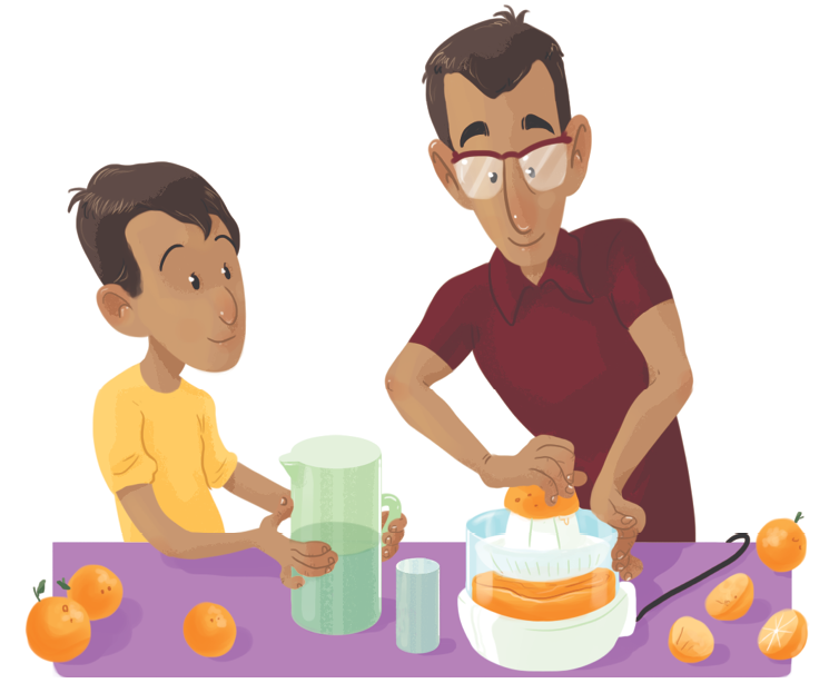 Ilustração. À direita, homem de óculos e cabelo castanho espreme uma laranja em um espremedor. Ao lado, menino de cabelo castanho e blusa amarela segura uma jarra. Sobre a mesa, laranjas.