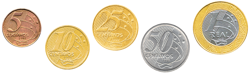 Fotografia. Uma moeda de 5 centavos, uma moeda de 10 centavos, uma moeda de 25 centavos, uma moeda de 50 centavos e uma moeda de 1 real.