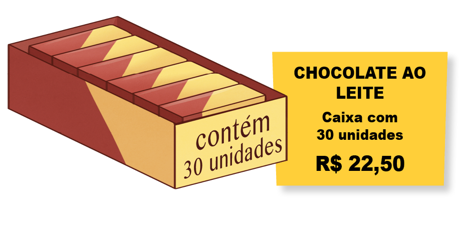 Ilustração. Caixa  de chocolates, na embalagem mostra que contém 30 unidades de chocolate. Ao lado, placa escrita: CHOCOLATE AO LEITE. Caixa com 30 unidades R$ 22,50