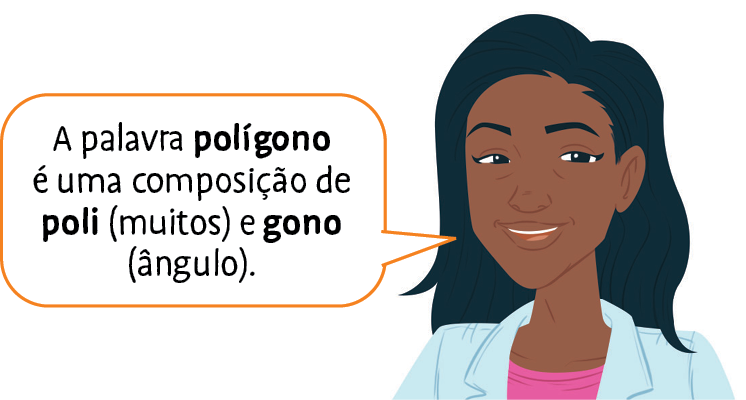 Ilustração. Mulher de cabelo preto e blusa rosa diz: A palavra polígono é uma composição de poli (muitos) e gono (ângulo).