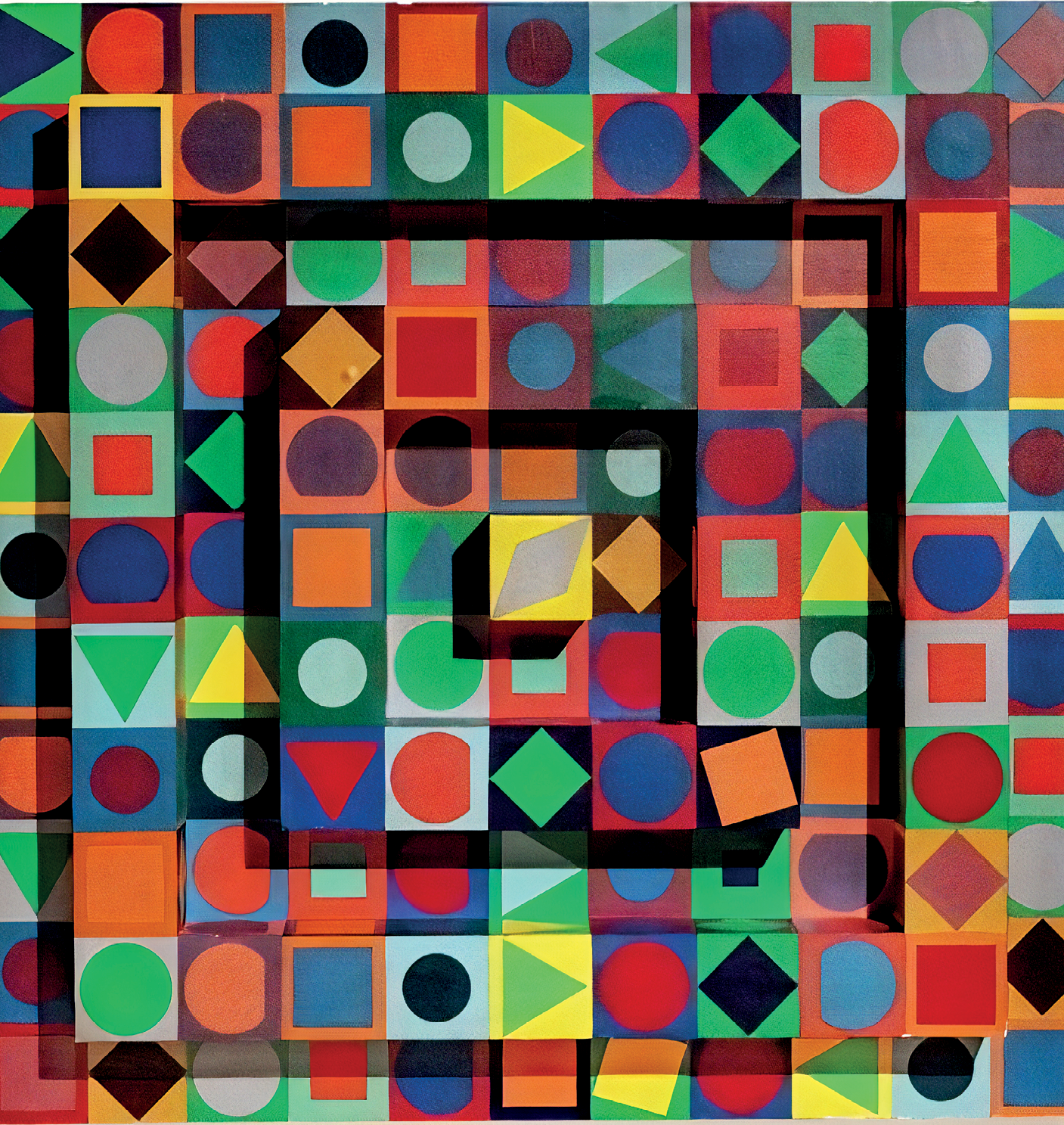 Fotografia. Painel composto por quadrados coloridos e dentro deles, círculos, quadrados e triângulos.