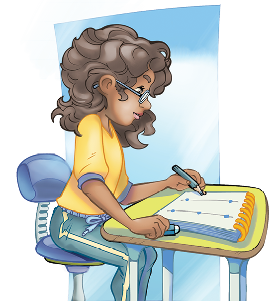 Ilustração. Menina de cabelo castanho e blusa amarela sentada em uma cadeira de frente para uma mesa. Ela desenha em um caderno.