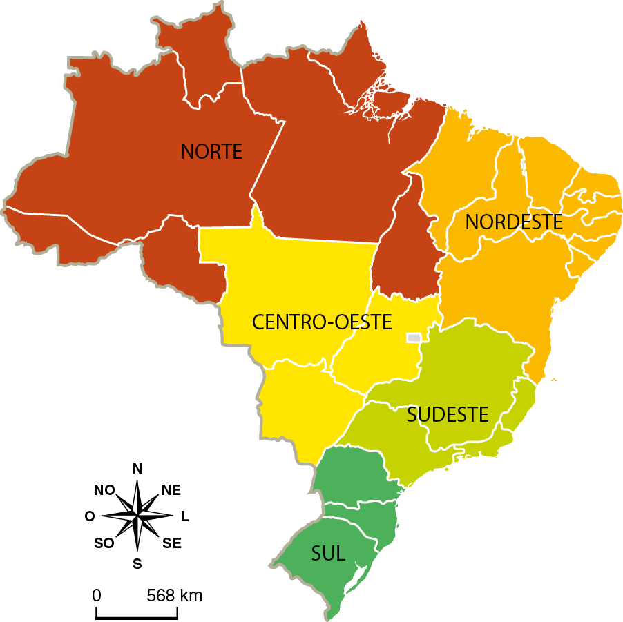 Ilustração. Mapa do Brasil representado por cores. Vermelho: norte. 
Laranja: nordeste. 
Amarelo: centro-oeste. 
Verde claro: sudeste. 
Verde escuro: sul. 

Na parte inferior, rosa dos ventos e escala de 568 quilômetros.