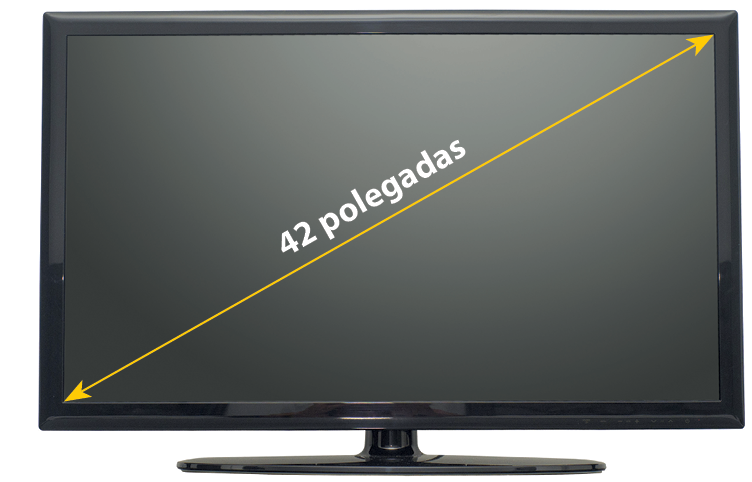 Fotografia.
Televisor digital preto. 
Linha amarela com uma seta em cada ponta, indicando a diagonal da tela, nessa linha está escrito 42 polegadas.