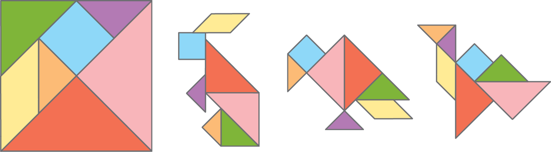 Ilustração. Representação do tangram.
Quadrado formado por peças de Tangram, composto por dois triângulos pequenos, um triângulo médio e dois triângulos grandes, um quadrado e um paralelogramo.

Ilustração. 
Representação com peças do tangram que lembra um coelho sendo composto por: quadrado e paralelogramo na cabeça, triângulos no corpo e patas. 

Ilustração. 
Representação com peças do tangram que lembra um pássaro sendo composto por: quadrado na cabeça, paralelogramo e triângulo médio na cauda, triângulos maiores no corpo e triângulos pequenos na pata e bico. 

Ilustração. 
Representação com peças do tangram que lembra um pássaro sendo composto por: triângulos menores na cabeça, paralelogramo no pescoço, triângulos maiores no corpo e cauda, quadrado e triângulo médio na asa.