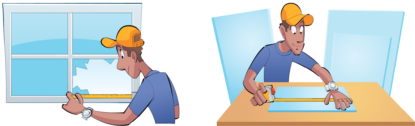 Ilustração. 
Homem de boné amarelo e blusa azul. Ele mede o comprimento do vidro da janela. 
Ao lado, o homem mede o comprimento do vidro sobre com uma trena sobre uma mesa.