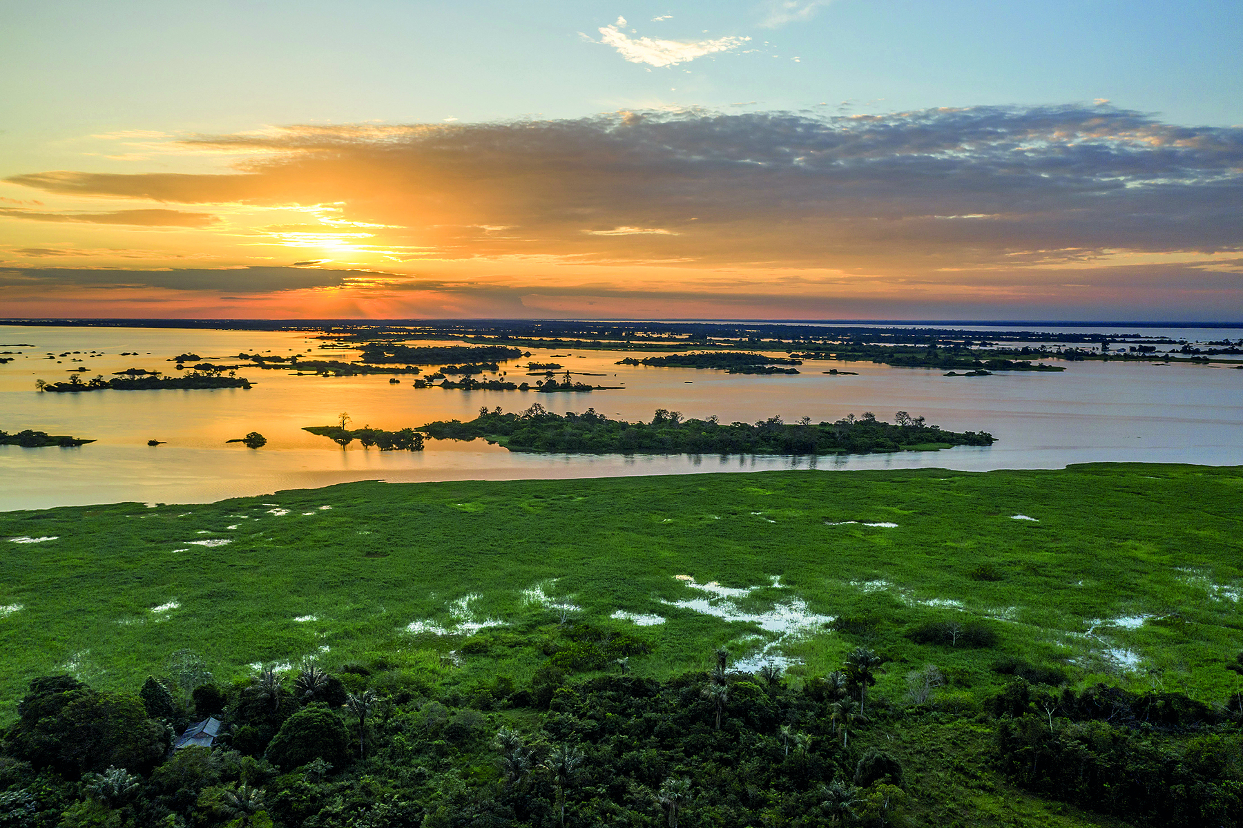 Fotografia. Vista do alto do rio Amazonas. À frente, vegetação e, ao fundo, o rio e o céu com nuvens e pôr do sol alaranjado.