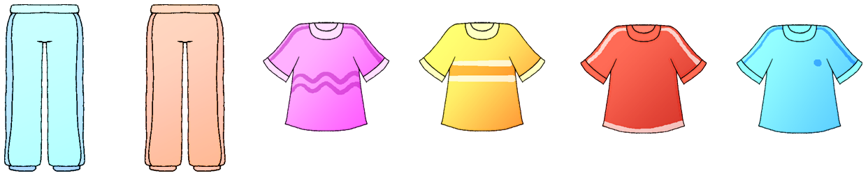 Ilustração. Peças de roupa dispostas na seguinte ordem: calça azul, calça laranja, camiseta rosa, camiseta amarela, camiseta vermelha e camiseta azul.