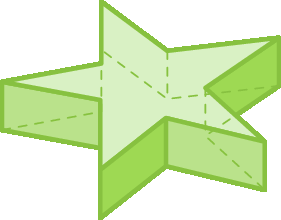 Ilustração. Figura geométrica não plana verde, semelhante a um bloco cujas base e tampa são polígonos idênticos, compondo uma estrela de cinco pontas.