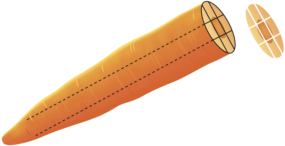Ilustração. Cenoura sem o talo com marcações de onde ela será cortada. À direita dela uma fatia da cenoura dividida em 9 pedacinhos.
