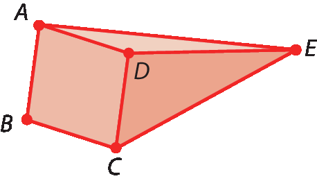 Ilustração.
Representação de uma pirâmide com bordas vermelhas e preenchimento vermelho claro.

A base da pirâmide é um quadrilátero cujos vértices são os pontos A, B, C e D.
O topo da pirâmide é o ponto E.