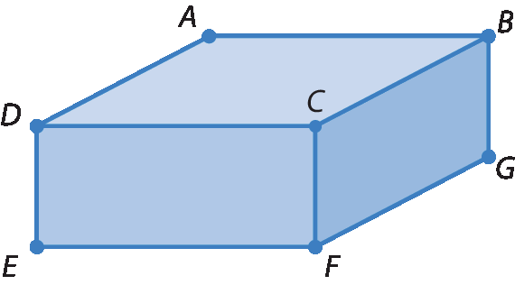 Ilustração.
Representação de um bloco retangular de bordas em coloração azul e preenchimento azul claro. 

Os vértices visíveis deste bloco são denominadas pelos pontos A, B, C, D, E, F e G.