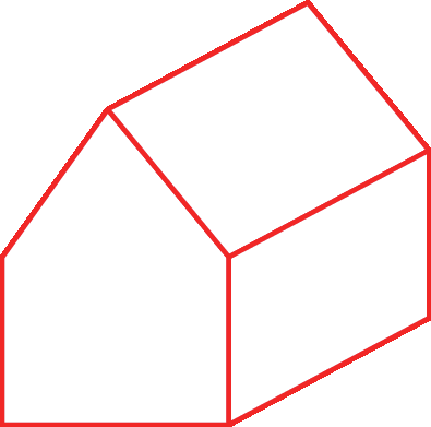 Ilustração.
Linhas em formato que lembra uma casa. 

Na vista frontal, as linhas formam um pentágono. 
O telhado é representado por linhas que formam paralelogramo. Uma dessas linhas é comum com a vista frontal.
A parede lateral também é representada por linhas que formam um paralelogramo, com uma dessas linha em comum com o telhado, e outra em comum com a vista frontal.