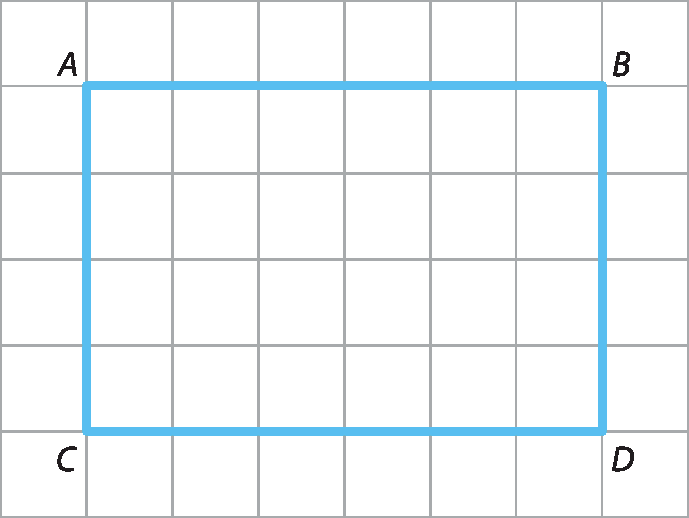 Ilustração.
Malha quadriculada composta por seis linhas e oito colunas de quadrinhos.
Em seu centro, há um retângulo conectado por linhas azuis que representam segmentos de reta, sendo eles: segmento AB, segmento BD, segmento DC e segmento CA.