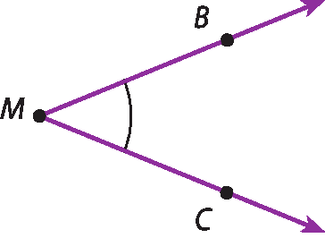 Ilustração.
Duas semirretas roxas com a origem em comum no ponto M.

A semirreta com direção para cima, contém o ponto B. 
A semirreta com direção para baixo, contém o ponto C.