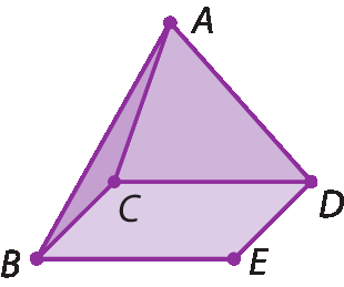 Ilustração.
Pirâmide roxa de base quadrada. 
As arestas da base são compostas pelos segmentos BC, CD, DE e EB.
O topo da pirâmide é o ponto A.
