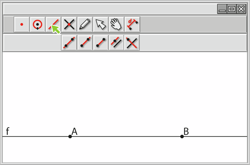 Ilustração. 
Modelo de software composto por tela branca com painel de controle na parte superior. Há uma reta f desenhada na tela com ponto A e ponto B pertencentes a ela.