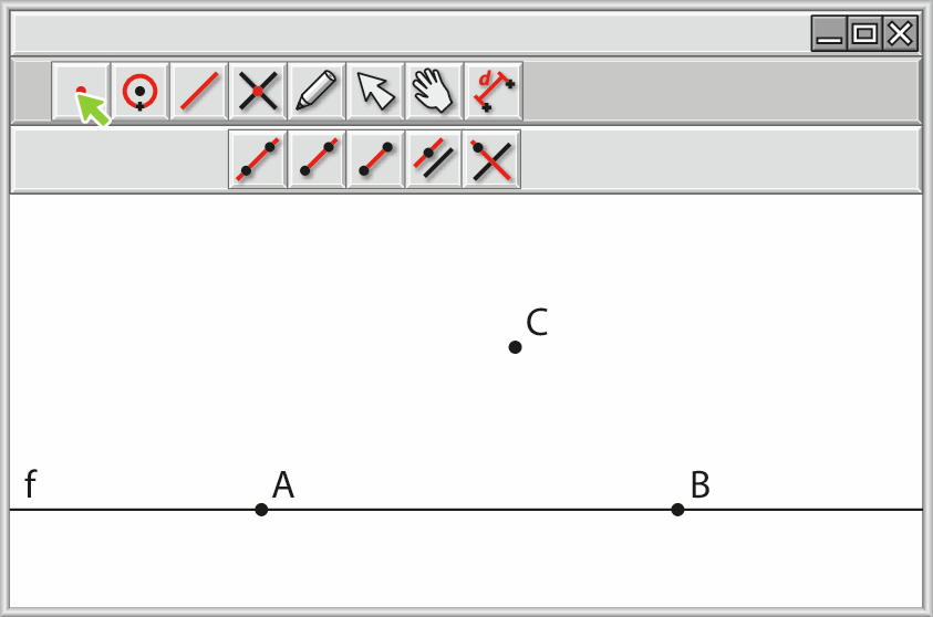 Ilustração. 
Modelo de software composto por tela branca com painel de controle na parte superior. Há uma reta f desenhada na tela com ponto A e ponto B nessa reta. Na parte superior da reta, ponto C.