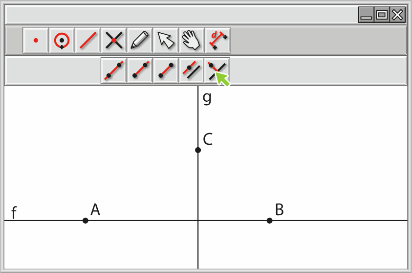 Ilustração. 
Modelo de software composto por tela branca com painel de controle na parte superior. Há uma reta f desenhada na tela com ponto A e ponto B nela. Na parte superior fora da reta r, há o ponto C. Uma reta g vertical foi traçada cortando a reta f, e contendo o ponto C.