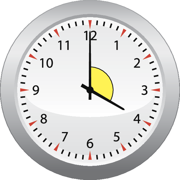 Ilustração. 
Relógio analógico redondo branco. 
O ponteiro menor está em quatro e o maior no doze. Destaque para o ângulo na junção dos ponteiros.