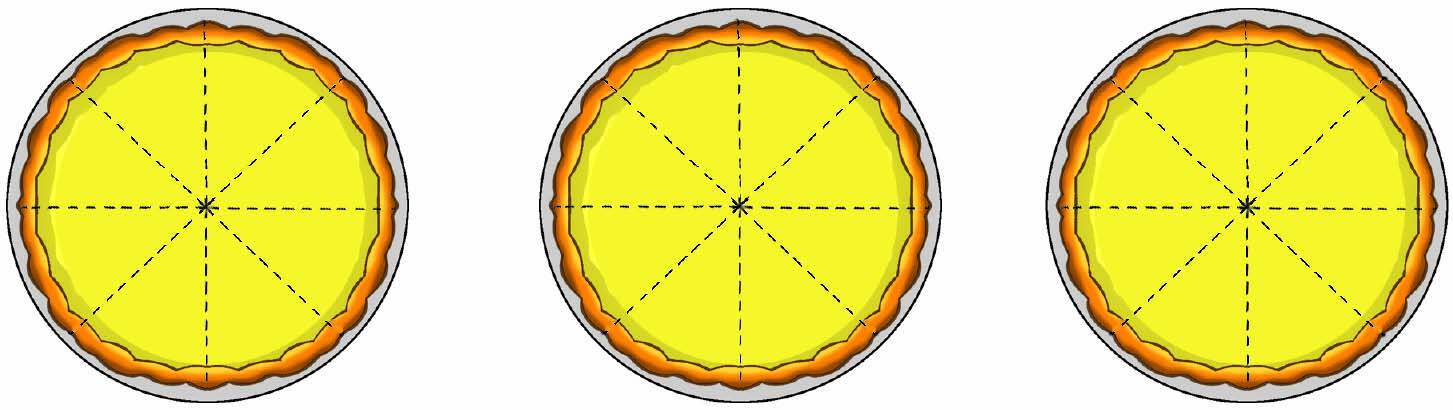 Ilustração. Três pizzas divididas em oito pedaços iguais cada uma.