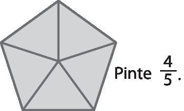 Ilustração. Pentágono dividido em cinco partes triangulares iguais. 
Pinte 4 quintos