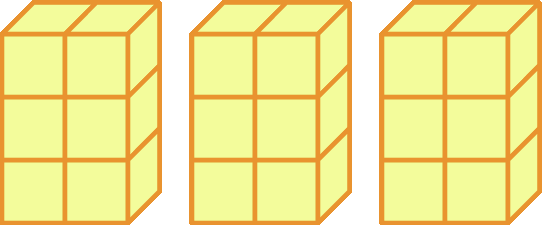 Ilustração. Três blocos retangulares compostos por 6 cubos iguais cada.
