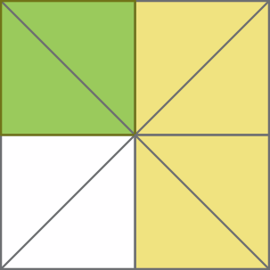 Ilustração. Quadrado dividido em oito triângulos iguais. Há seis triângulos pintados, sendo quatro amarelos e dois verdes.