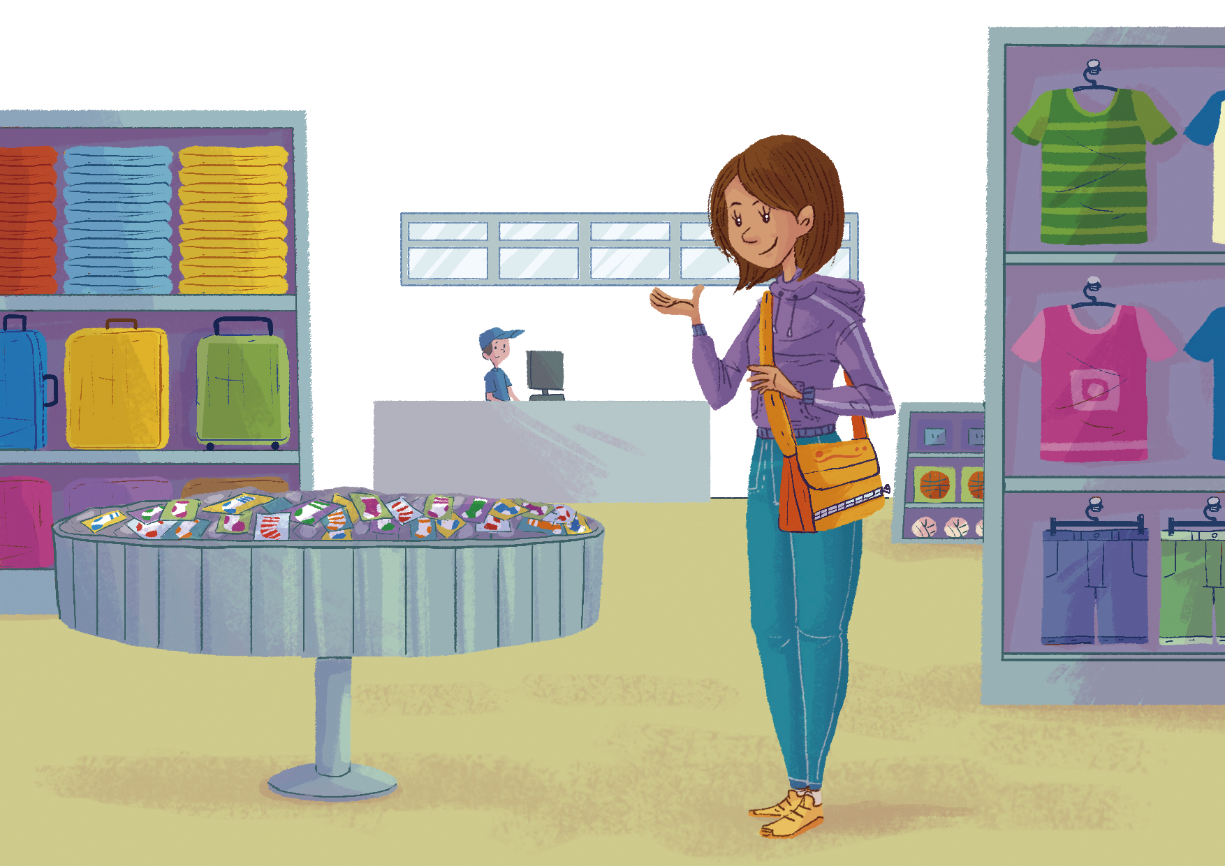 Ilustração. Mulher branca de cabelo castanho, veste blusa roxa e calça azul. Ela está com uma bolsa laranja no ombro e está em pé dentro de uma loja de roupas. Ao fundo uma pessoa atrás de um balcão. Dos lados, prateleiras com roupas.