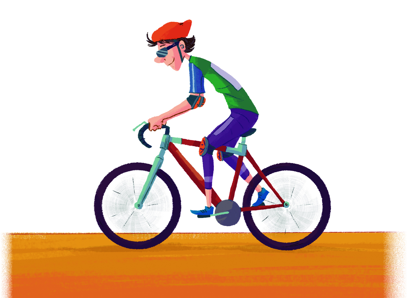 Ilustração. Homem branco de capacete vermelho, usa óculos de proteção e veste blusa verde e calça roxa. Ele está sobre uma bicicleta.